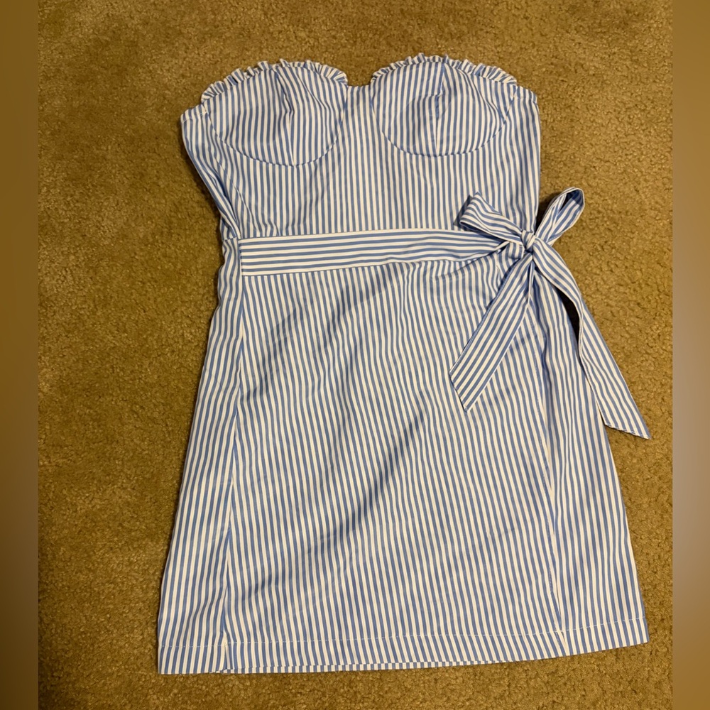 Blue and white striped strapless tie dress